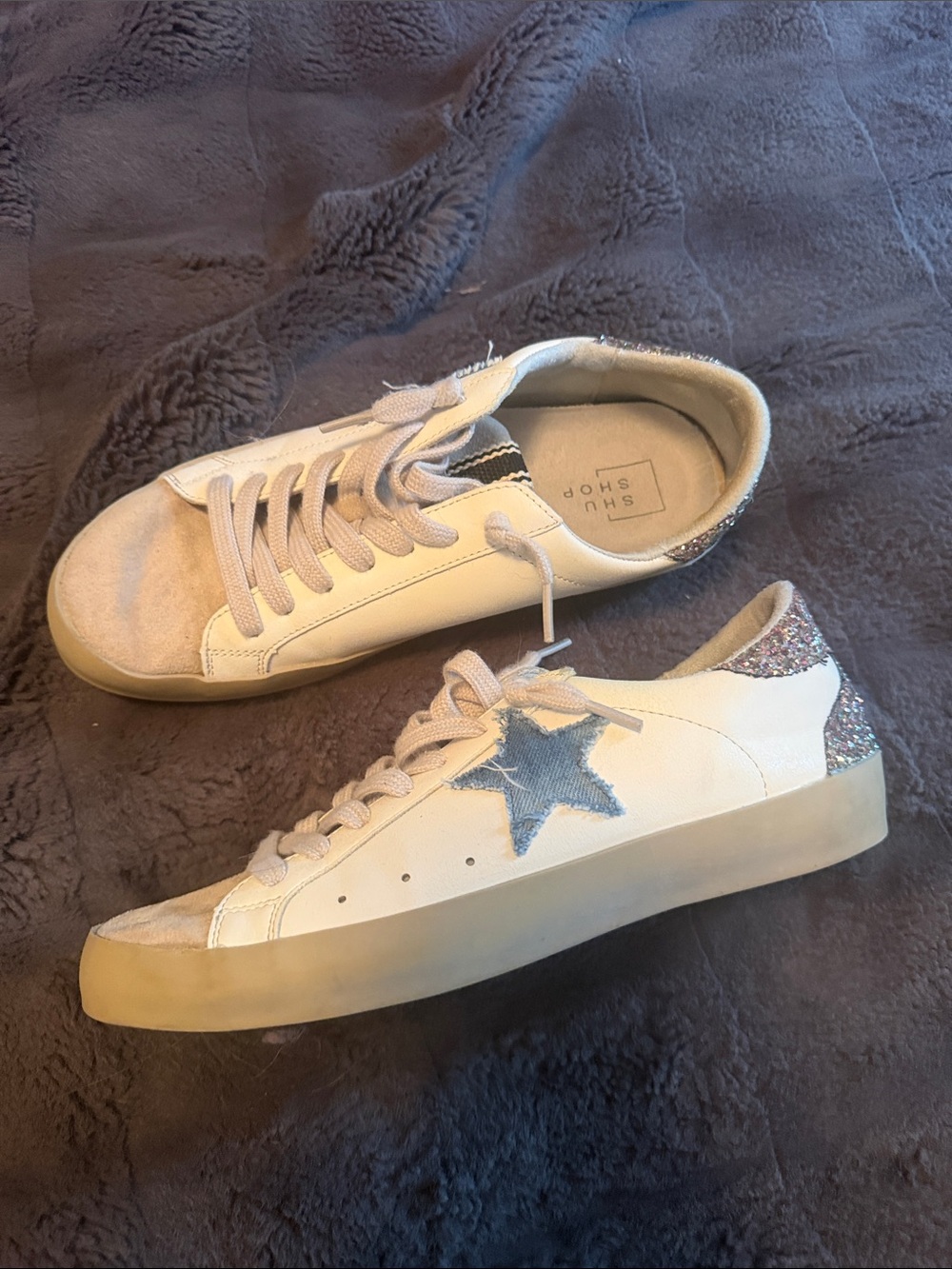 Buckle White Sneakers with Denim Star and Glitter Heel